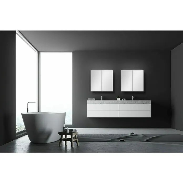 Camargue Spiegelschrank Aluminio Black - B x H: 60 x 60 cm, Schwarz - Ein elegantes Badezimmer mit freistehender Badewanne, Doppelwaschtisch und großen Fenstern, die viel Licht hereinlassen.