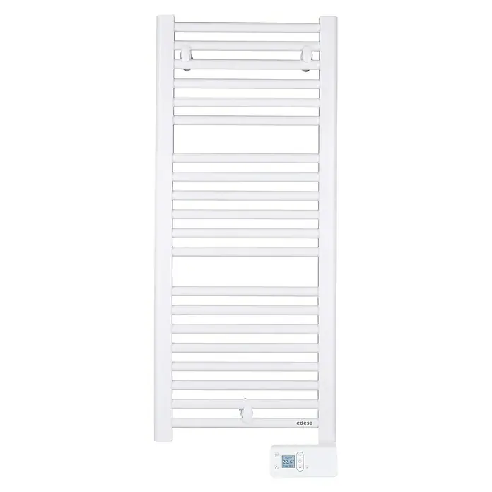 Edesa Radiador toallero eléctrico Cocoon - An x Al: 48 x 101,3 cm, 500 W, Blanco - Aquí hay una imagen de un calentador de toallas eléctrico blanco Edesa con controles digitales, para una experiencia de baño cálida y acogedora.