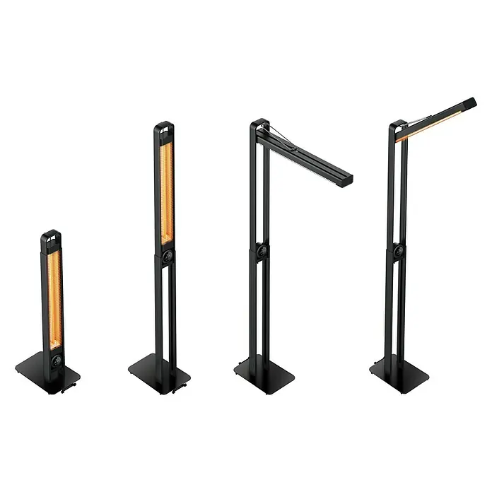 Voltomat HEATING Infrarot-Heizstrahler - 98 x 33 x 203 cm, 2.000 W, Schwarz - Bild von vier modernen, schwarzen Heizstrahlern mit verstellbaren Köpfen, die verschiedene Heizmodi zeigen, ideal für den Innen- und Außenbereich.