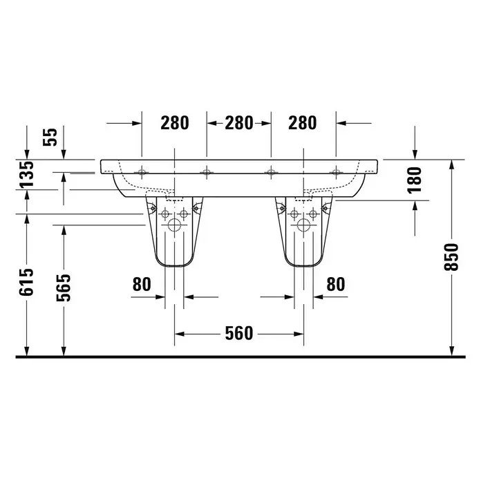 Duravit D-Code Doppelwaschtisch - 120 x 49 cm, Ohne Spezialglasur, Hahnloch: Mitte, Mit Überlauf, Weiß - Technische Zeichnung eines Waschtisches mit detaillierten Maßangaben für Installation und Design.