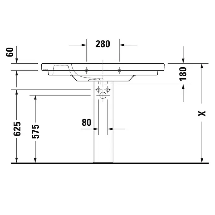 Duravit D-Code Waschtisch - 105 x 48 cm, Ohne Spezialglasur, Hahnloch: Mitte, Mit Überlauf, Weiß - Technische Zeichnung eines Waschtischs mit Maßen. Detaillierte Ansicht des Waschbeckens für Installationszwecke.