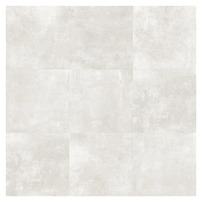 Domicil Feinsteinzeugfliese Living Concrete Pearl - 60 x 60 cm, Beige, Matt - Nahaufnahme von neun hellgrauen, quadratischen Wandfliesen mit einer leicht strukturierten Oberfläche, ideal für moderne Innenräume.