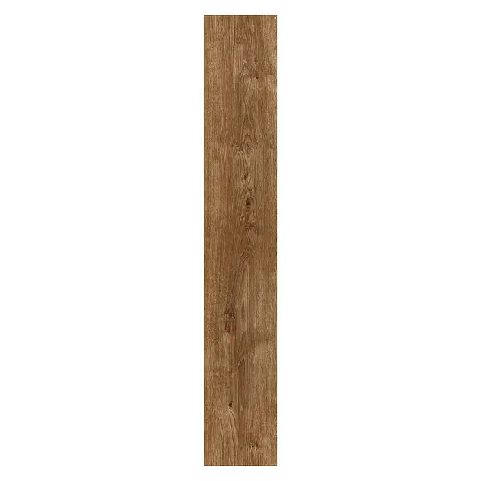 LOGOCLIC Laminado Roble Thermo - 1.200 x 196 x 8 mm, Roble Thermo, AC4 - Primer plano de un solo panel de madera ancho con vetas, ideal para pisos o revestimientos de paredes con tonos cálidos.