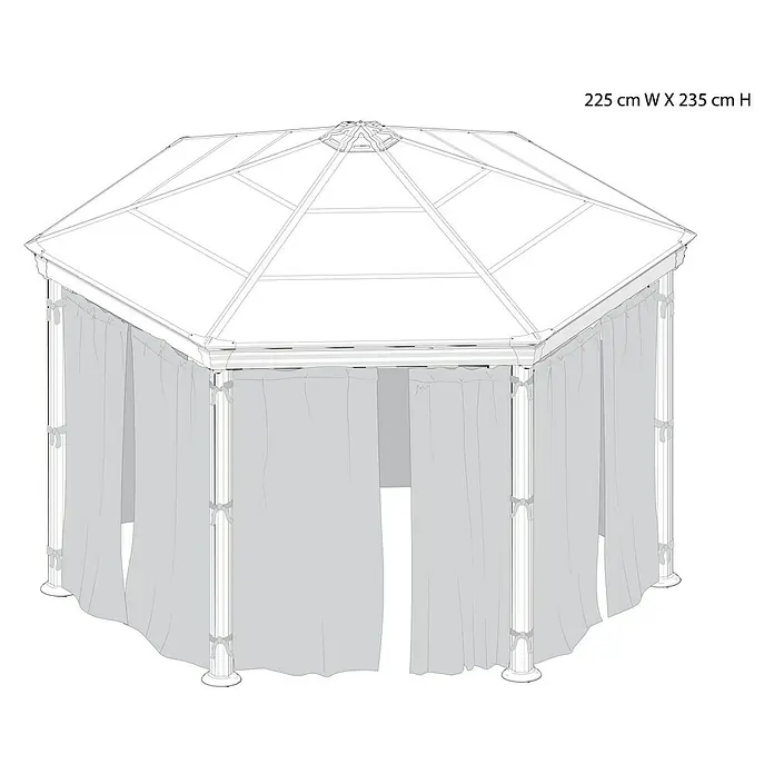 Palram – Canopia Pared lateral de pérgola Mónaco/Roma - An x Al: 225 x 235 cm - Ilustración de una glorieta con cortinas, que proporciona sombra y refugio. La estructura tiene un ancho de 225 cm y una altura de 235 cm.
