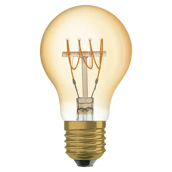 Osram LED-Lampen Set Vintage Glühlampenform E27 - E27, Nicht Dimmbar, Warmweiß, 550 lm, 5,9 W, Farbe: Gold - Nahaufnahme einer Edison-Glühbirne mit warmem, bernsteinfarbenem Licht, die ihr Glühwendeldesign hervorhebt.