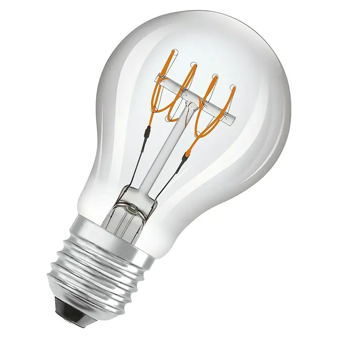 Osram LED-Lampen Set Glühlampenform E27 klar - E27, Nicht Dimmbar, Warmweiß, 600 lm, 5,9 W, Farbe: Klar - Nahaufnahme einer dekorativen Glühbirne mit klarem Glaskolben und spiralförmigem Glühfaden, ideal für stimmungsvolle Beleuchtung.