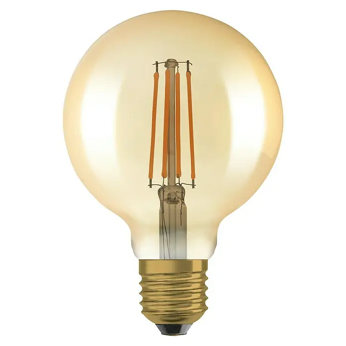 Osram LED-Lampen Set Vintage Edition 1906 Globe-Form E27 2er Set - E27, Dimmbar, Warmweiß, 725 lm, 6,5 W - Nahaufnahme einer dekorativen bernsteinfarbenen LED-Glühbirne mit sichtbaren Filamenten und einem goldenen Sockel auf schwarzem Hintergrund.