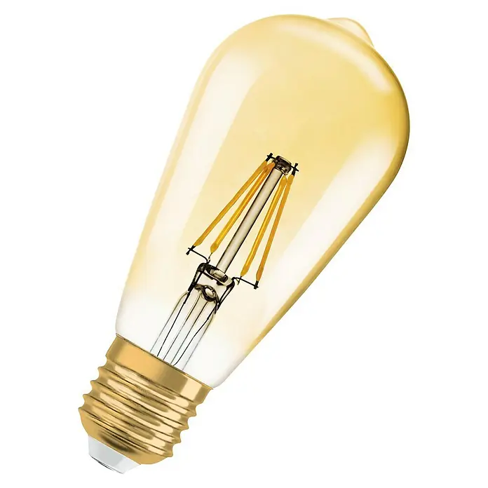 Osram LED-Lampen Set Vintage Edition 1906 Birnenform E27 2er Set - E27, Dimmbar, Warmweiß, 725 lm, 6,5 W - Nahaufnahme einer Vintage-Glühbirne mit warmem Licht und dekorativen Glühfäden, die ein gemütliches Ambiente erzeugt.\n