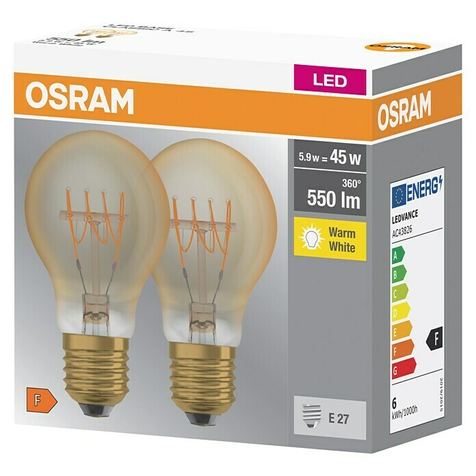 Osram LED-Leuchtmittel True Filament Classic AE27, 5,9 W, 550 lm, 2 Stk., Gold Diagonal View