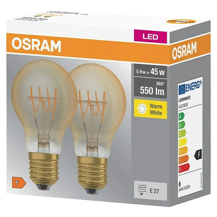Osram LED-Lampen Set Vintage Glühlampenform E27 - E27, Nicht Dimmbar, Warmweiß, 550 lm, 5,9 W, Farbe: Gold - Produktverpackung mit zwei OSRAM LED-Glühbirnen, die warmweißes Licht spenden und einen Energieverbrauch von 6 kWh/1000h haben.