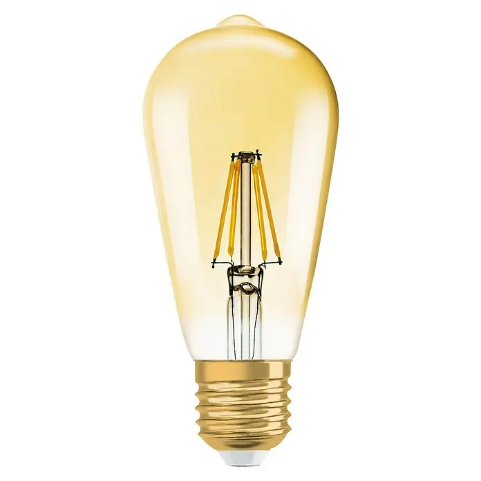 Osram LED-Lampen Set Vintage Edition 1906 Birnenform E27 2er Set - E27, Dimmbar, Warmweiß, 725 lm, 6,5 W - Nahaufnahme einer dekorativen LED-Glühbirne in warmen Gelbtönen, die eine gemütliche und einladende Atmosphäre verspricht.