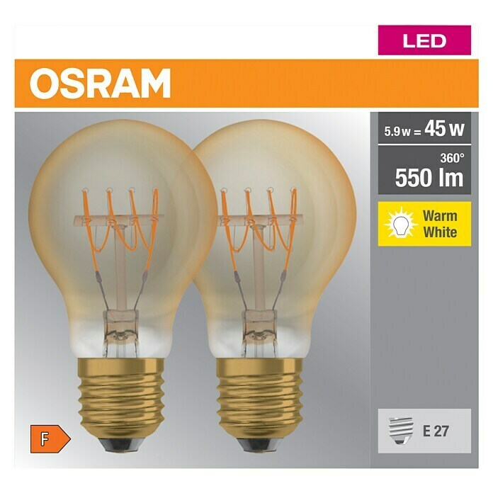 Osram LED-Leuchtmittel True Filament Classic AE27, 5,9 W, 550 lm, 2 Stk., Gold Front View