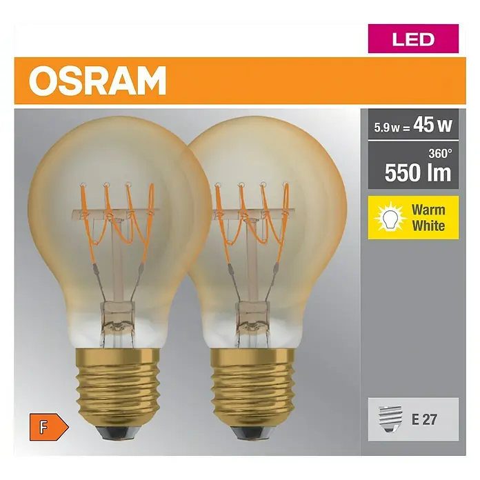 Osram LED-Lampen Set Vintage Glühlampenform E27 - E27, Nicht Dimmbar, Warmweiß, 550 lm, 5,9 W, Farbe: Gold - Nahaufnahme von zwei Osram LED-Glühbirnen, die warmweißes Licht ausstrahlen und mit E27-Sockel ausgestattet sind.