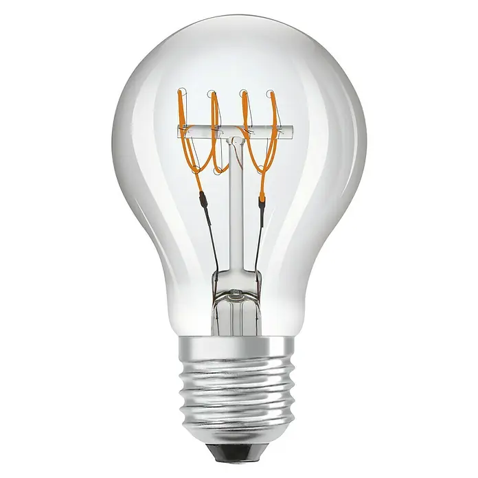 Osram LED-Lampen Set Glühlampenform E27 klar - E27, Nicht Dimmbar, Warmweiß, 600 lm, 5,9 W, Farbe: Klar - Nahaufnahme einer klaren LED-Glühbirne mit einem dekorativen Filament, das warmes Licht ausstrahlt und für eine gemütliche Atmosphäre sorgt.
