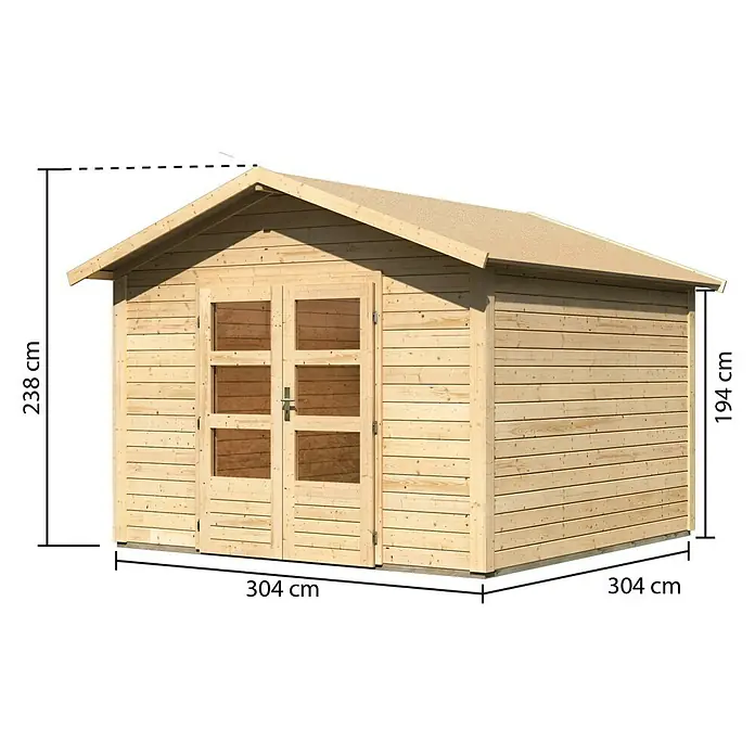 Karibu Gartenhaus Talkau 8 - Außenmaß inkl. Dachüberstand (B x T): 330 x 330 cm, Holz, Natur - Abbildung eines Gartenhauses aus Holz mit den Maßen 304 cm x 304 cm x 238 cm.