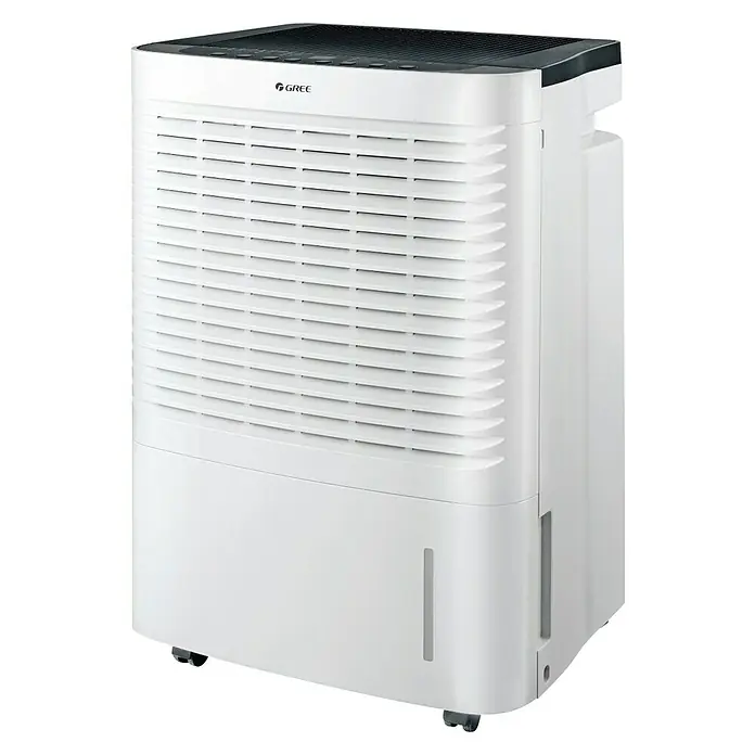 Deshumidificador eléctrico 20 L - Potencia de deshumidificación: 20 l/día, Blanco - Un deshumidificador Gree blanco con un panel de control negro en la parte superior. Ideal para reducir la humedad en interiores.