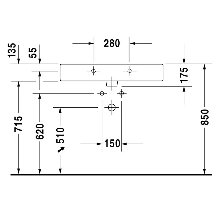 Duravit Vero Waschtisch - 80 x 47 cm, Ohne Spezialglasur, Hahnloch: Mitte, Mit Überlauf, Weiß, Ungeschliffen - Technische Zeichnung eines Waschtisches mit Maßangaben zu Höhe, Breite und Tiefe für Installationszwecke.
