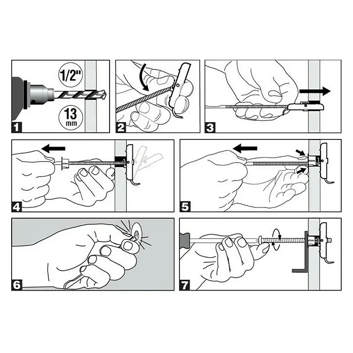 Cobra Universaldübel Triple Grip - Polyethylen, 6 Stk. - Eine bebilderte Anleitung zur Verwendung eines Hohlraumdübels mit Schraube, beginnend mit dem Bohren des Lochs bis zum Festziehen.