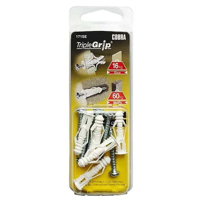 Cobra Universaldübel Triple Grip - Polyethylen, 5 Stk., Mit Rand - Eine Packung Cobra TripleGrip-Befestigungselemente, ideal zum Aufhängen von Gegenständen an Wänden mit einer Tragkraft von bis zu 60 kg.