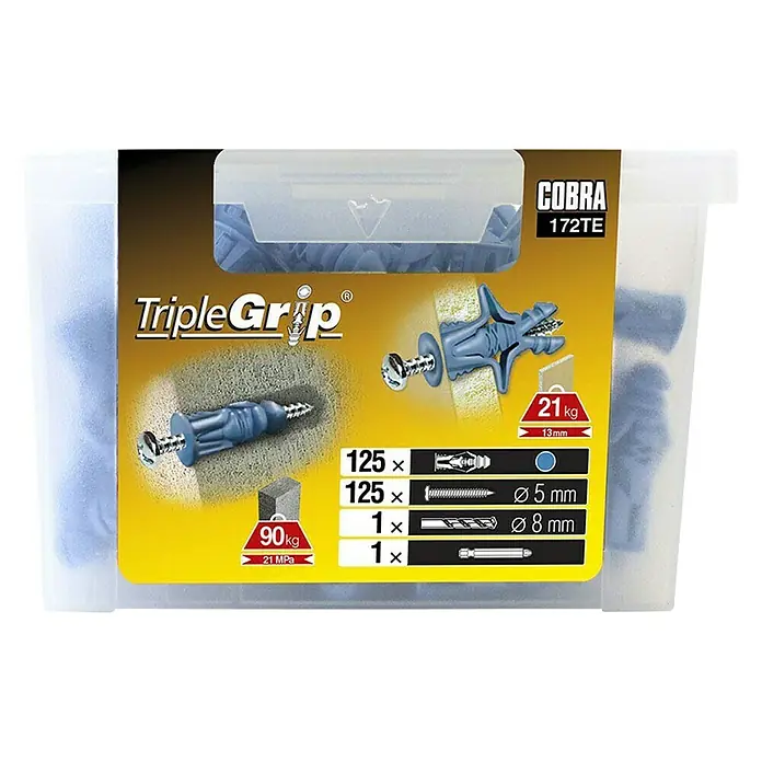Cobra Universaldübel Triple Grip 172TE - Polyethylen, 125 Stk., Hohlraumbefestigung - Abbildung einer Packung Cobra TripleGrip 172TE-Dübel, die vielseitige Befestigungslösungen mit hoher Haltekraft bietet.