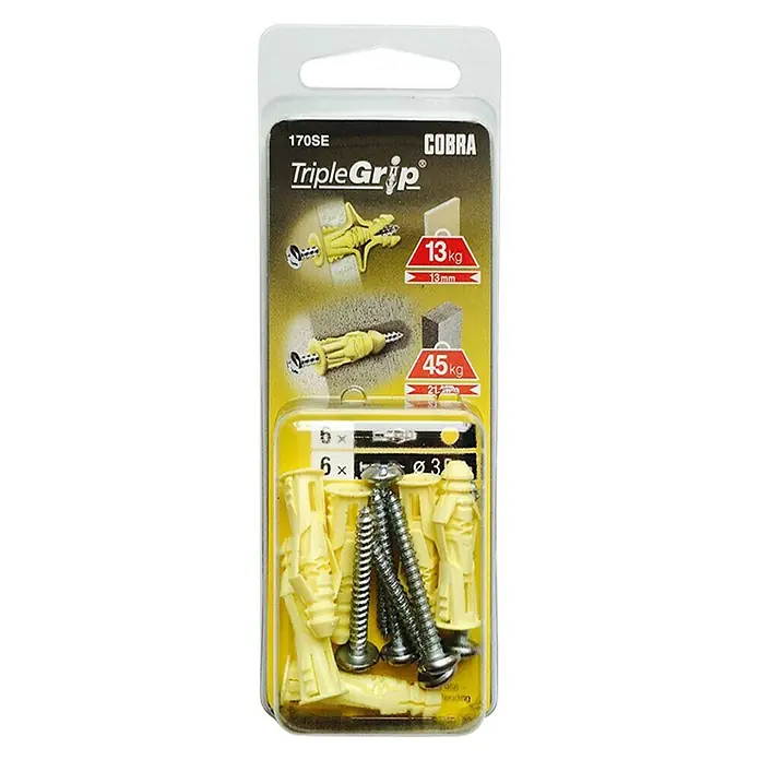 Cobra Universaldübel Triple Grip - Polyethylen, 6 Stk. - Eine Packung Cobra TripleGrip Dübel, geeignet für verschiedene Materialien, mit Schrauben, für zuverlässige Befestigungen.