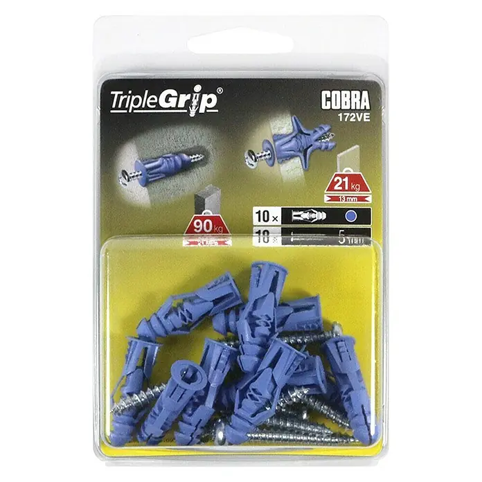 Cobra Universaldübel Triple Grip 172VE - Polyethylen, 10 Stk., Mit Rand - TripleGrip Cobra 172VE Dübel- und Schrauben-Set mit 10 Dübeln und 10 Schrauben für sichere Befestigung in verschiedenen Materialien.