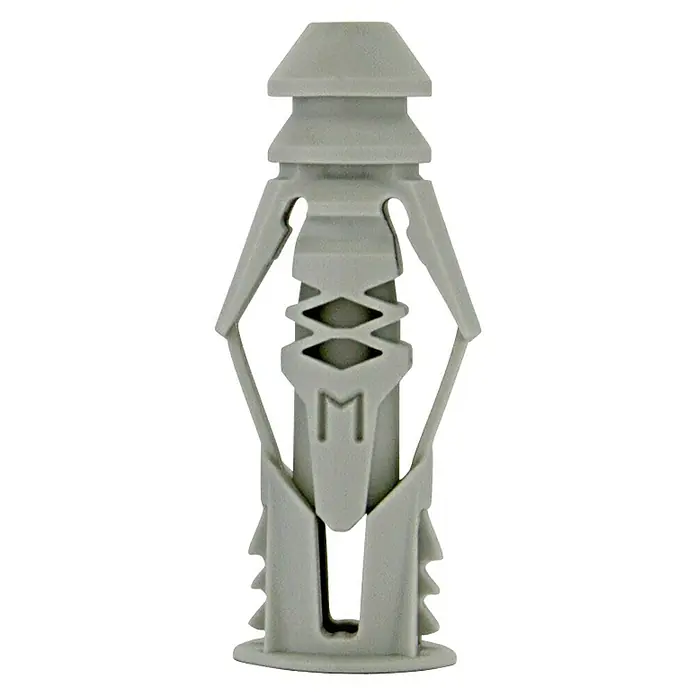 Cobra Universaldübel Triple Grip - Polyethylen, 2 Stk., Mit Rand - Nahaufnahme einer grauen Gipskartondübel, ein Befestigungselement für Wände, isoliert auf Schwarz.