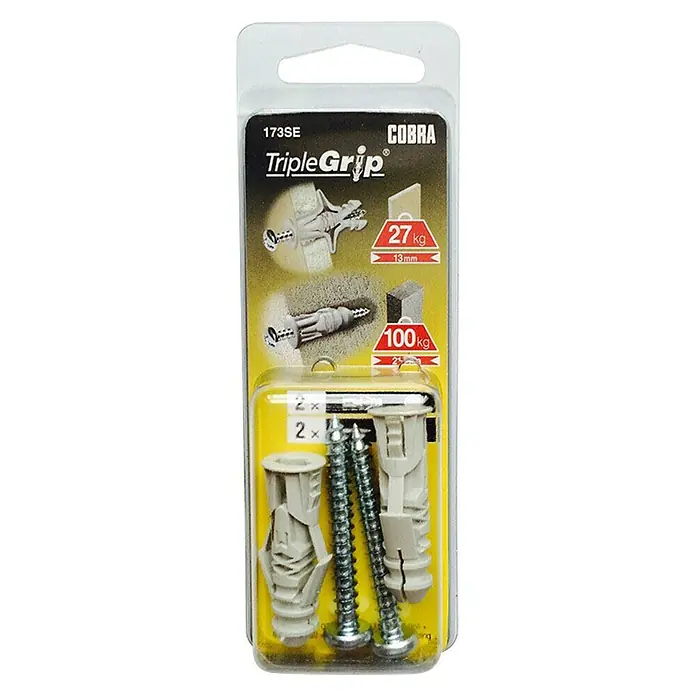 Cobra Universaldübel Triple Grip - Polyethylen, 2 Stk., Mit Rand - Eine Packung Cobra Triple Grip Dübel und Schrauben. Das Set enthält zwei Dübel und die passenden Schrauben zur Befestigung.