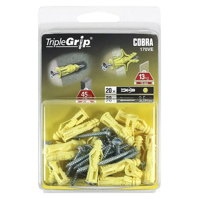 Cobra Universaldübel Triple Grip 170VE - Polyethylen, 20 Stk., Mit Rand - TripleGrip COBRA 170VE Dübelpackung mit gelben Dübeln und Schrauben für sichere Befestigungen.