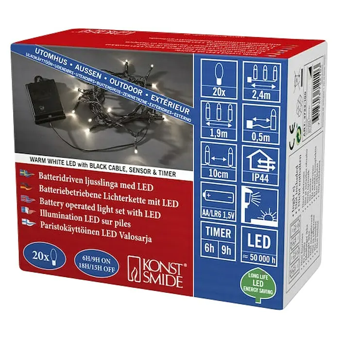 Konstsmide LED-Lichterkette - Außen, Lichtfarbe: Warmweiß, Batteriebetrieben, 0,5 m, Schwarz - Batteriebetriebene LED-Lichterkette für den Außenbereich mit Timer und Sensor, ideal für stimmungsvolle Beleuchtung.