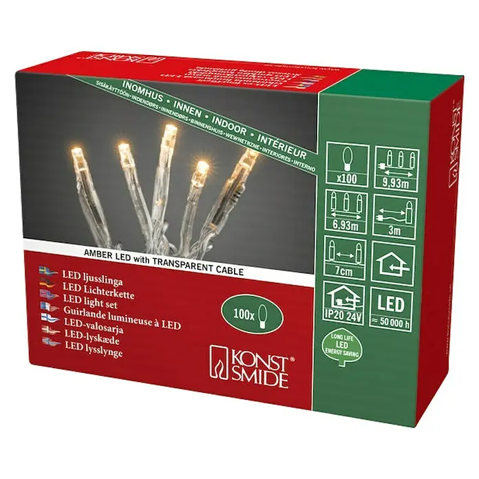 Konstsmide LED-Lichterkette - Innen, Lichtfarbe: Bernstein, Anzahl Leuchtmittel: 100 Stk., Netzbetrieben - Verpackung der Konstsmide Amber LED-Lichterkette mit transparentem Kabel. Ideal für den Innenbereich, energiesparend und langlebig.