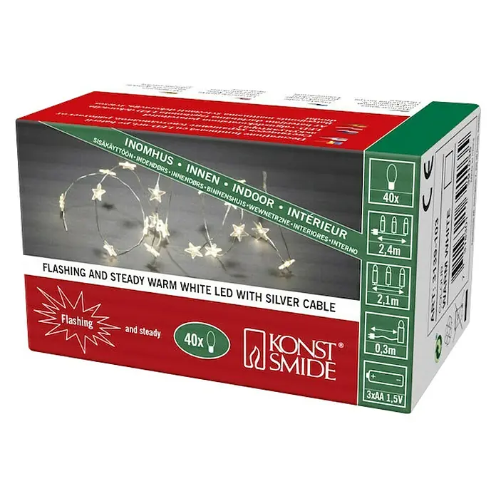 Konstsmide LED-Lichterkette Leuchtsterne - Innen, Lichtfarbe: Warmweiß, Anzahl Leuchtmittel: 40 Stk., Batteriebetrieben - Bild einer Verpackung mit 40 warmweißen LED-Sternenlichtern mit Silberkabel für den Innenbereich.