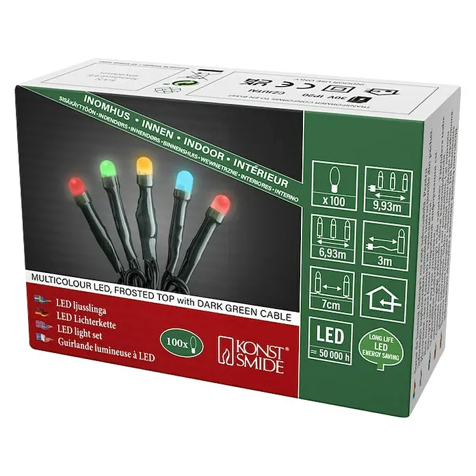 Konstsmide LED-Lichterkette - Innen, Lichtfarbe: Mehrfarbig, Anzahl Leuchtmittel: 100 Stk., Netzbetrieben, 9,93 m - Karton einer Multicolor LED-Lichterkette mit dunkelgrünem Kabel, ideal für den Innenbereich.
