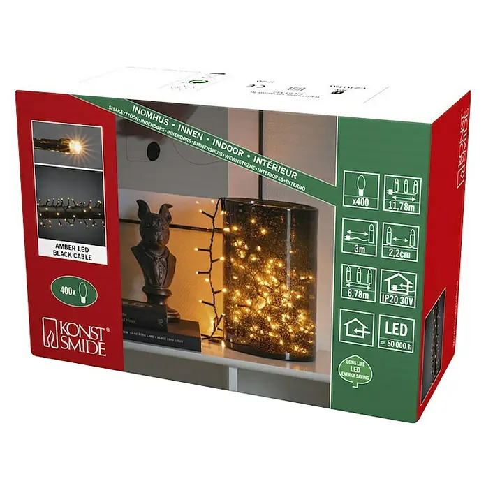 Konstsmide LED-Lichterkette - Innen, Lichtfarbe: Bernstein, Anzahl Leuchtmittel: 400 Stk., Netzbetrieben - Produktverpackung: Konstsmide Lichterkette mit 400 Amber LEDs und schwarzem Kabel für den Innenbereich, energiesparend und langlebig.