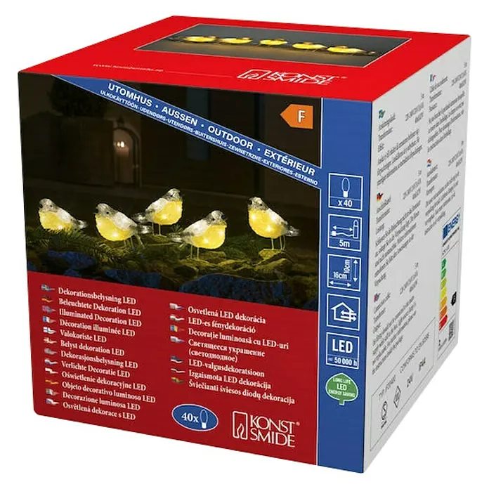 Konstsmide LED-Weihnachtsdekoleuchte Acryl Vögel - 4 m x 16 cm x 10 cm, Klar, Netzbetrieben, LED - Bild einer Verpackung für Konstsmide LED-Gartendekoration mit Vogelmotiven, ideal für den Außenbereich.