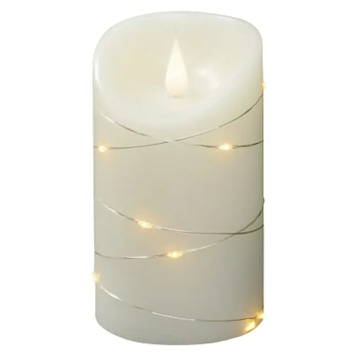 Konstsmide LED-Echtwachskerze - Ø x H: 7,5 x 13,5 cm, Creme - Dekorative LED-Kerze mit warmweißen Lichterketten umwickelt, die eine gemütliche und festliche Atmosphäre schafft.