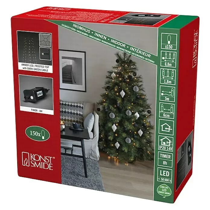 Konstsmide Baummantel - Innen, 1,8 m, 5 Stränge à 30 gefrostete bernsteinfarbene LEDs - Konst Smide LED-Weihnachtsbaumbeleuchtung (150x) mit bernsteinfarbenen LEDs, dunklem Kabel, auf Baum im Wohnzimmer.