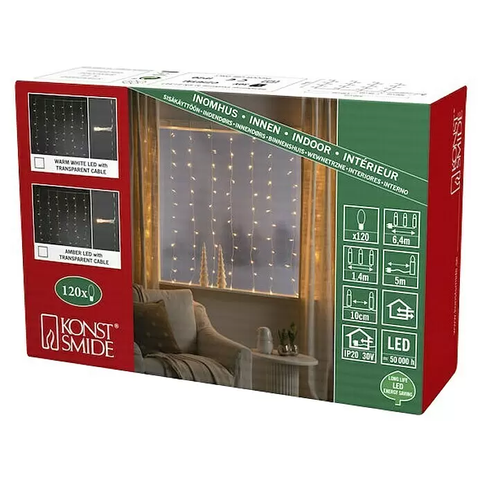 Konstsmide LED-Lichtervorhang - Innen, 140 cm, Bernstein, 120 Stk., Netzbetrieben - Konstsmide 120 LED Lichtervorhang-Box, zeigt warmweiße/bernsteinfarbene Optionen für drinnen, mit Lichtern im Fenster.