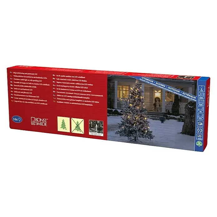 Konstsmide LED-Weihnachtskerzen - 15,5 m, Weiß, Lichtfarbe: Bernstein, 16 Stk., IP44 - Rote Produktbox für Konst Smide 16x LED Außen-Weihnachtskerzenlichter.
