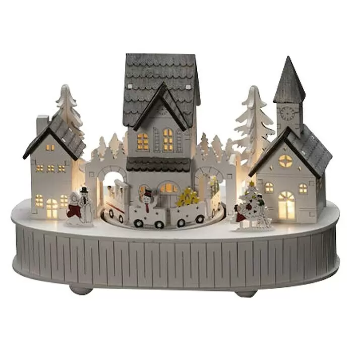 Konstsmide LED-Holzsilhouette - 12 x 22 x 15,5 cm, Weiß, Batteriebetrieben, Warmweiß, 0,3 W - Weiß-graues Holz-Weihnachtsdorf mit beleuchteten Häusern, Bäumen und einem fahrenden Schneemannzug auf rundem Sockel.