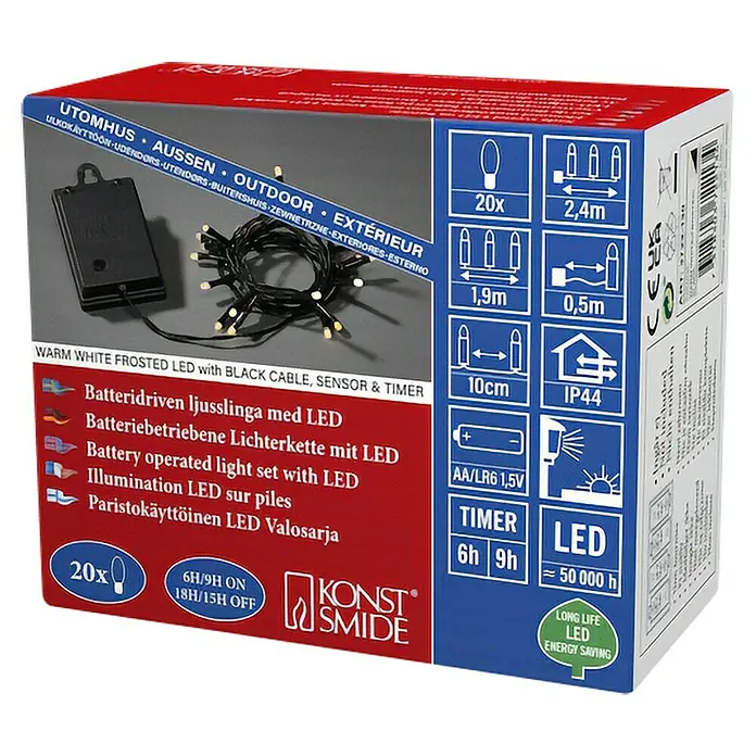 Konstsmide LED-Lichterkette - Außen, Lichtfarbe: Warmweiß, Anzahl Leuchtmittel: 20 Stk., Batteriebetrieben, Schwarz - Produktverpackung: Batteriebetriebene LED-Lichterkette für den Außenbereich mit Timer und Sensor.