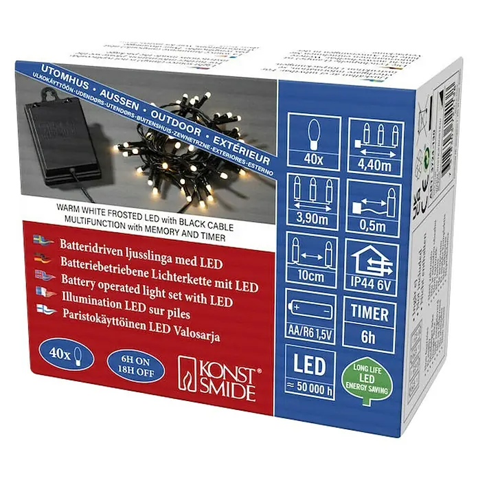 Konstsmide LED-Lichterkette - Außen, Lichtfarbe: Warmweiß, Anzahl Leuchtmittel: 40 Stk., Batteriebetrieben, Schwarz - Verpackung für eine batteriebetriebene LED-Lichterkette mit warmweißem Licht, schwarzem Kabel, Multifunktion, Timer und einer Länge von 4,40 m.