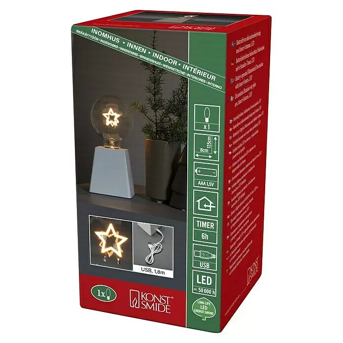 Konstsmide LED-Weihnachtsdekoleuchte - 8 x 8 x 17,5 cm, Weiß, Batteriebetrieben, LED, Stern - Diagonale Ansicht