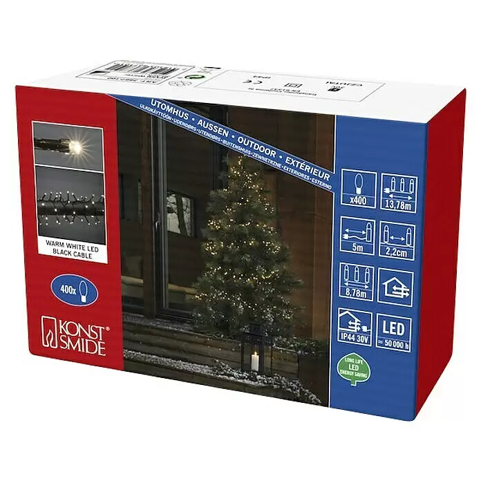 Konstsmide LED-Lichterkette - Außen, Lichtfarbe: Warmweiß, Anzahl Leuchtmittel: 400 Stk., Netzbetrieben - Produktverpackung für Konstsmide 400x warmweiße Outdoor-LED-Lichterkette mit schwarzem Kabel.