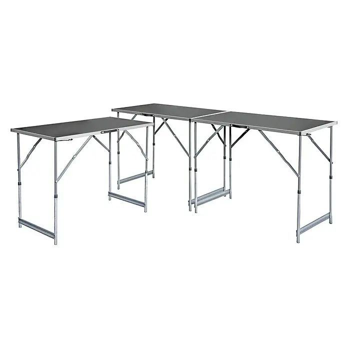 Mehrzwecktisch Eco Alu-Trio - L x B: 3 m x 60 cm, MDF laminiert - Bild von drei verbundenen Campingtischen mit Aluminiumrahmen und grauen Tischplatten, ideal für Outdoor-Aktivitäten.