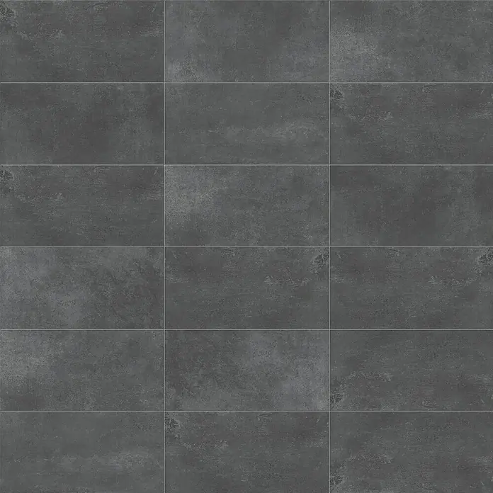 Domicil Feinsteinzeugfliese Living Concrete Urban - 30 x 60 cm, Anthrazit, Matt - Nahaufnahme von dunklen Keramikfliesen mit subtilen Texturen, ideal für moderne Innenräume, die eine elegante, robuste Ästhetik suchen.