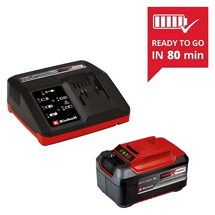 Einhell Professional Akku & Ladegerät Starter-Kit 5,2Ah & 4A Fastcharger - 18 V, 1 Akku, 5,2 Ah - Einhell Power X-Change Schnellladegerät und Li-ion 5.2Ah 18V Akku, schwarz-rot, in 80 Minuten einsatzbereit.