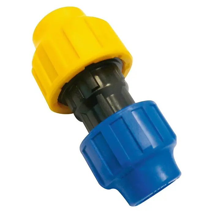 Enlace reductor PE - 25 mm - 20 mm, Polietileno - Conector de manguera amarillo y azul para riego de jardín. Accesorio práctico para un fácil montaje y reparación de mangueras.