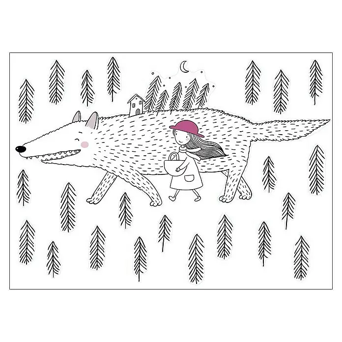 Vinilo de pared Caperucita - Multicolor, Plástico - Ilustración caprichosa de líneas de una niña con sombrero rosa caminando junto a un lobo blanco sonriente en un bosque con árboles y una casa.