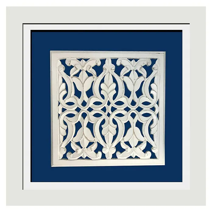 Cuadro de madera - Mandala cuadrado, An x Al: 70 x 70 cm, 1 pzs. - Arte de pared enmarcado con un diseño floral blanco intrincado sobre un fondo azul marino. Decoración elegante para un hogar con estilo.